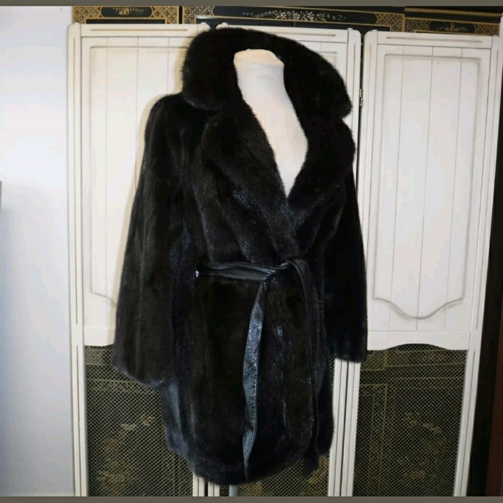 Mink coat with leather belt and high collar